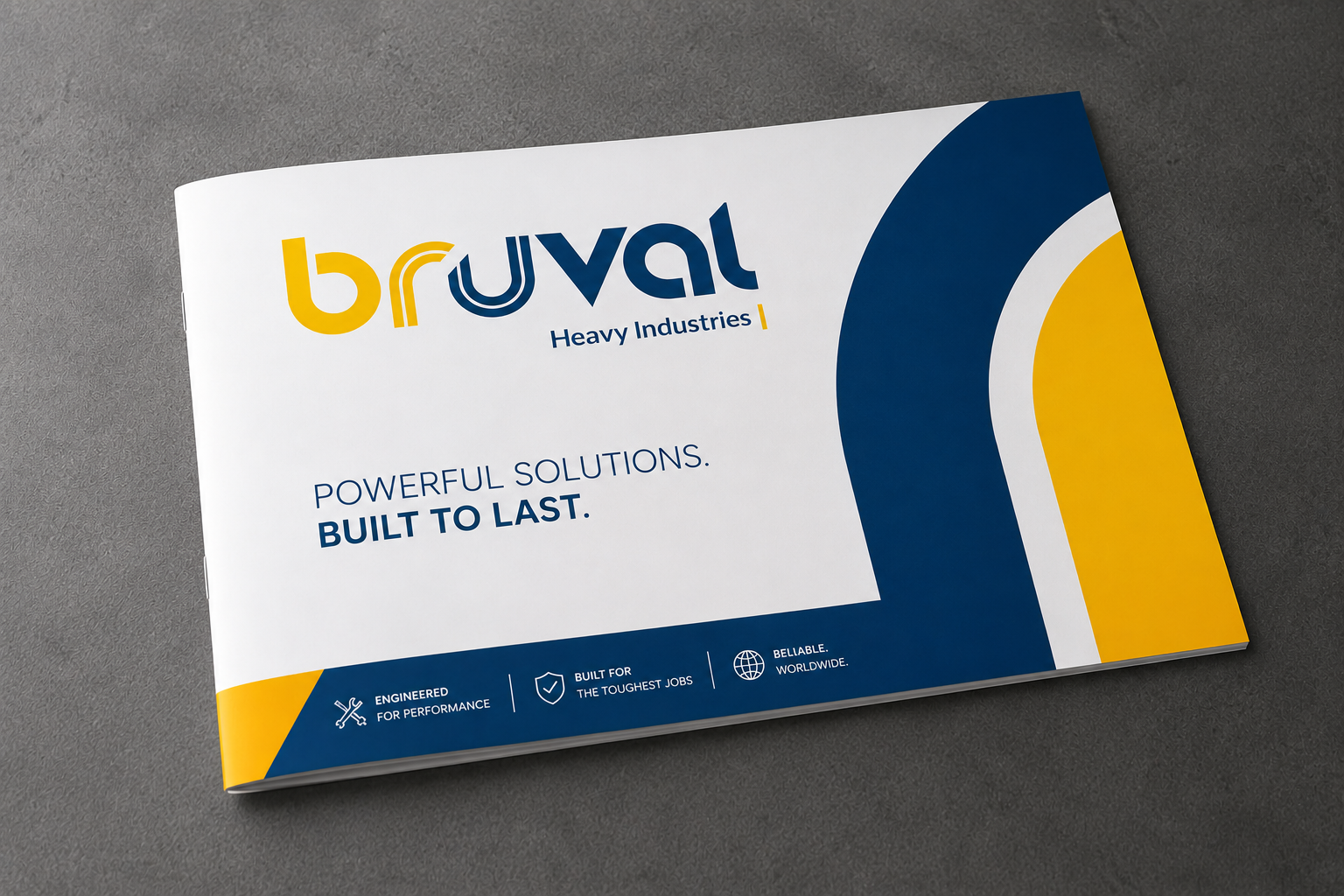 BRUVAL Heavy Industries brochure cover with blue and yellow brand graphics