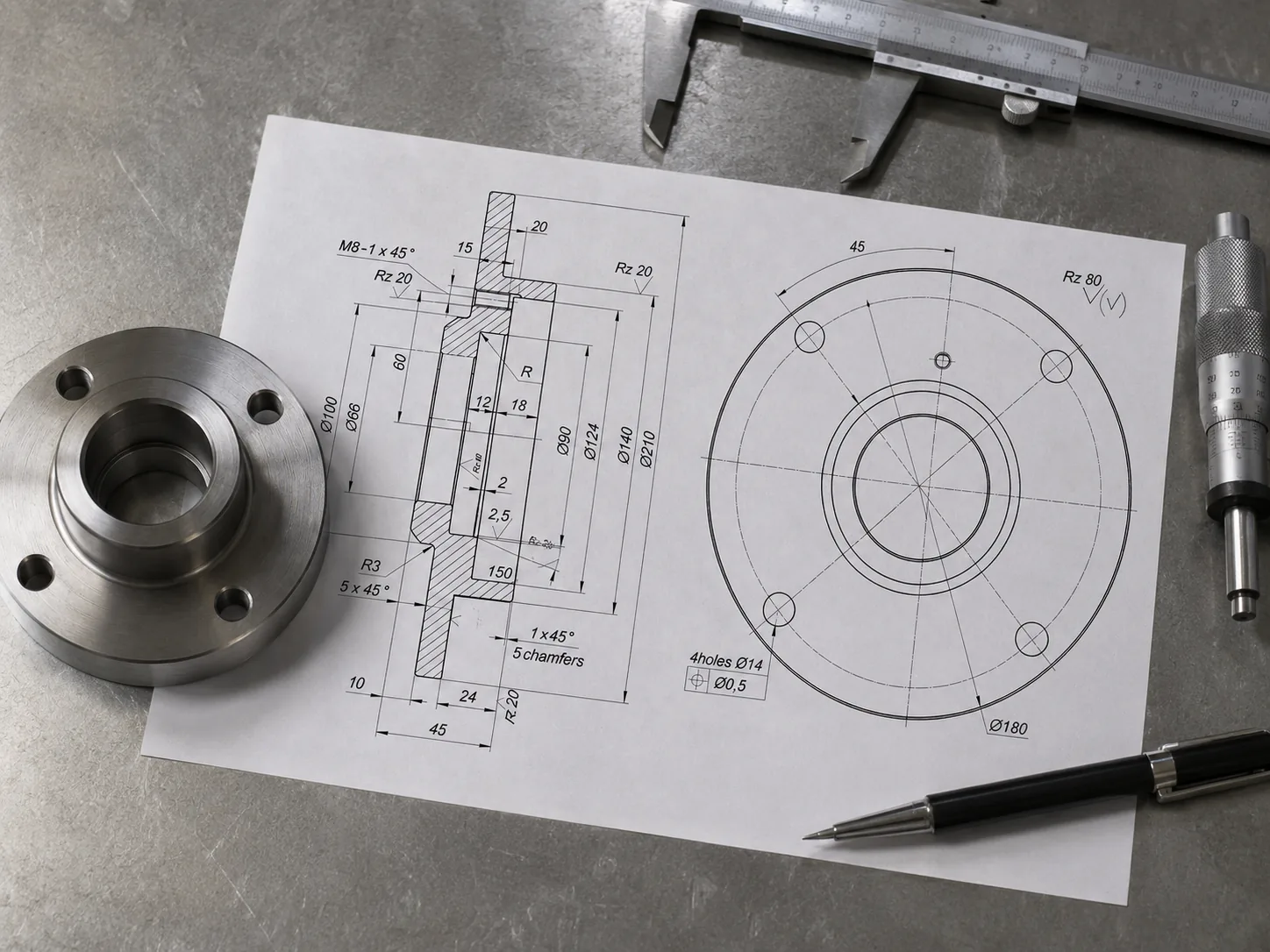 Machined flange beside a technical drawing and precision measuring tools