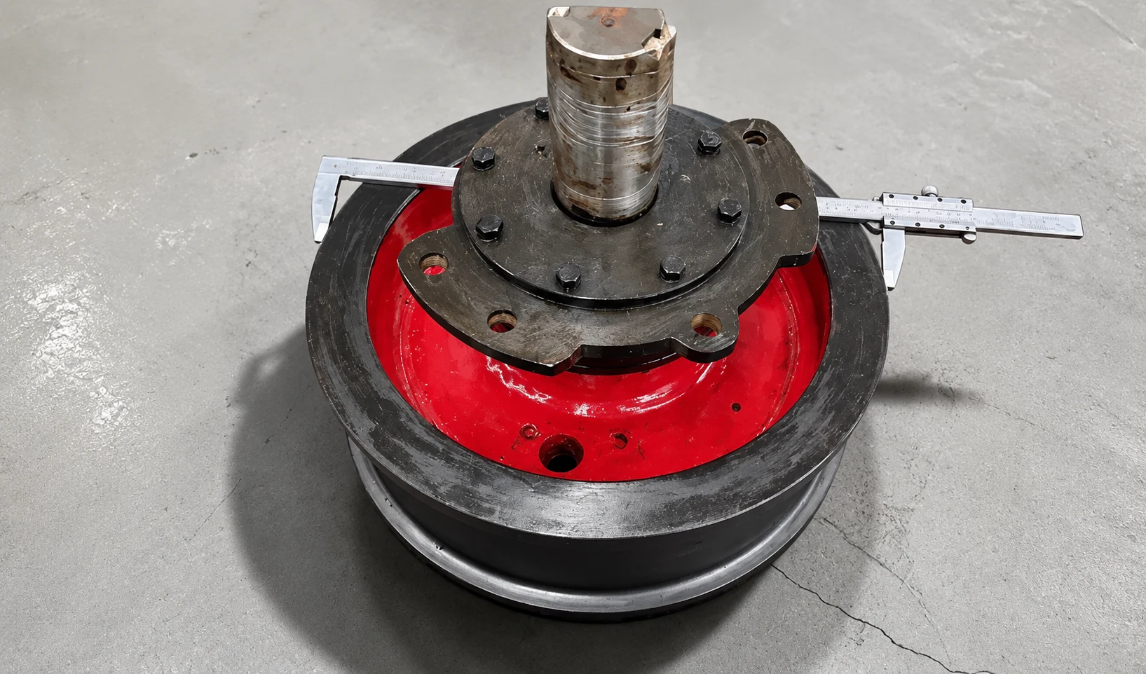 Crane wheel measured with caliper during inspection