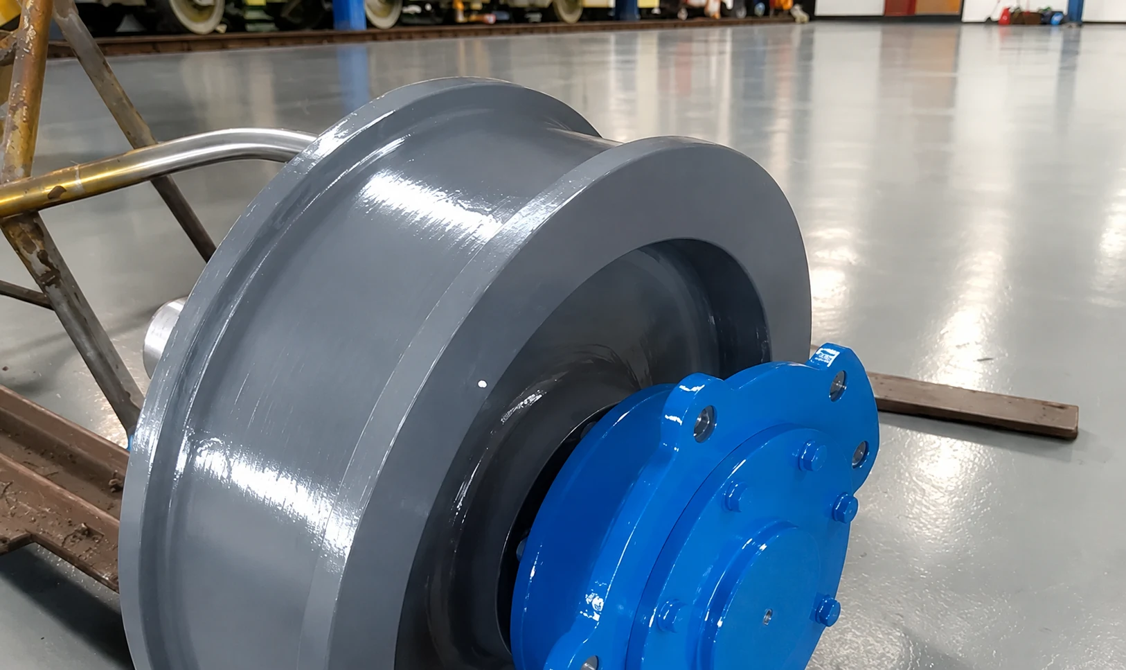 Painted crane wheel assembly with blue bearing housing