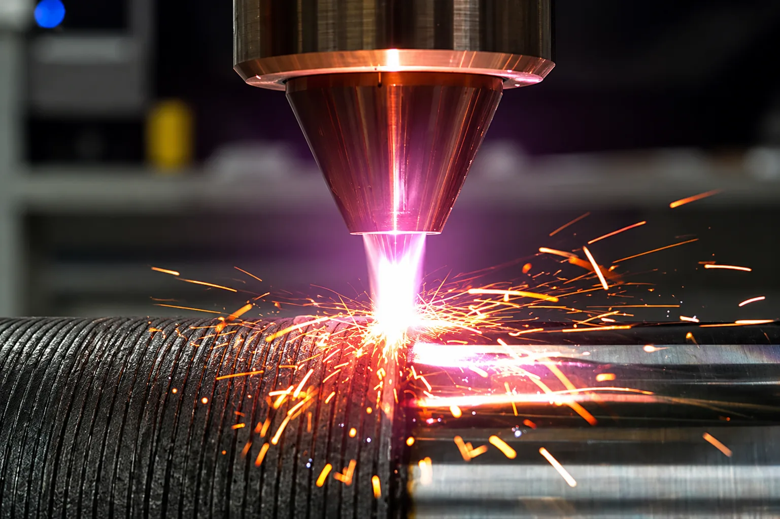 Laser cladding head applying a hard-facing layer with bright sparks