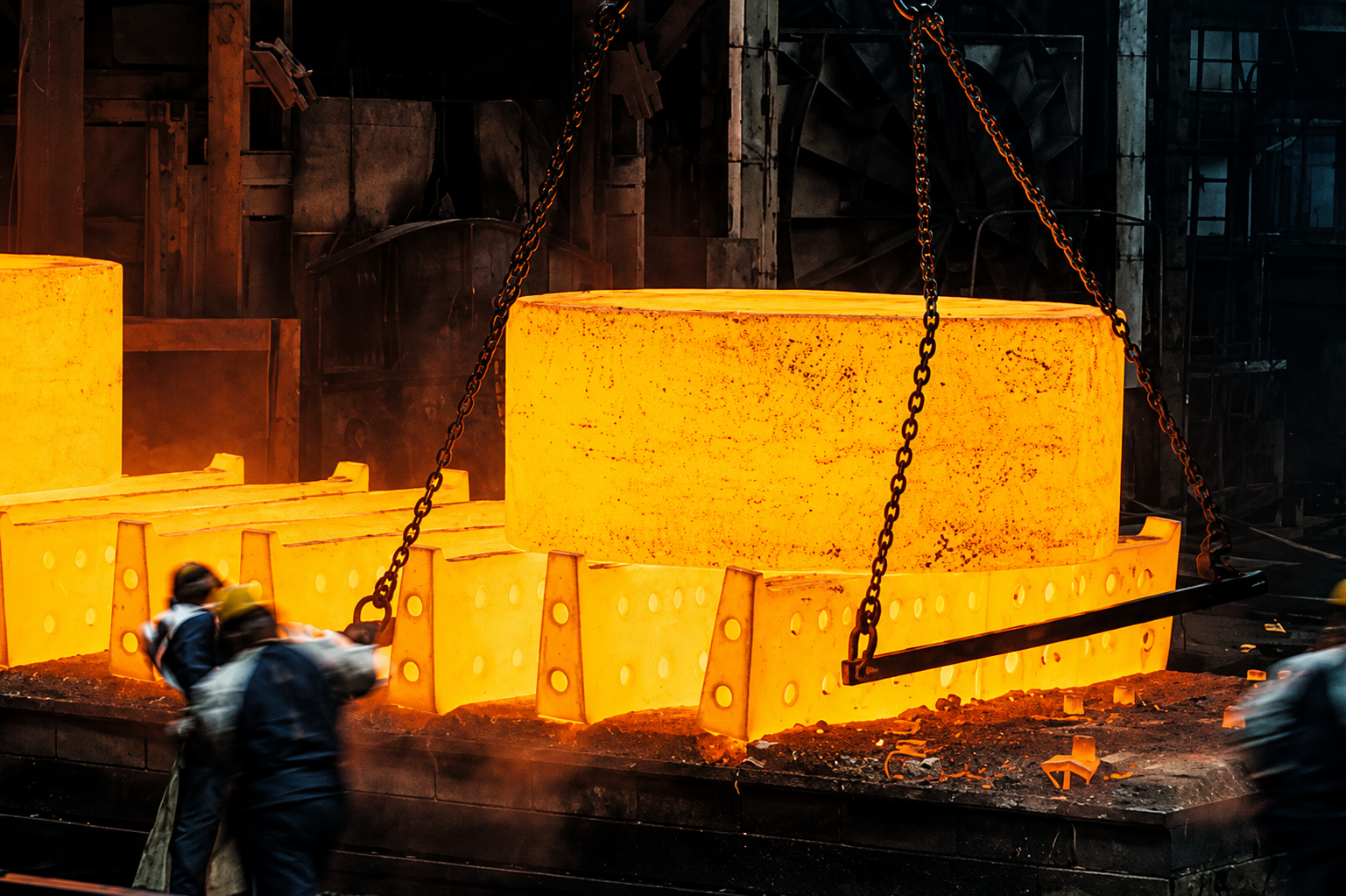 Large glowing heat-treated component being lifted in the workshop