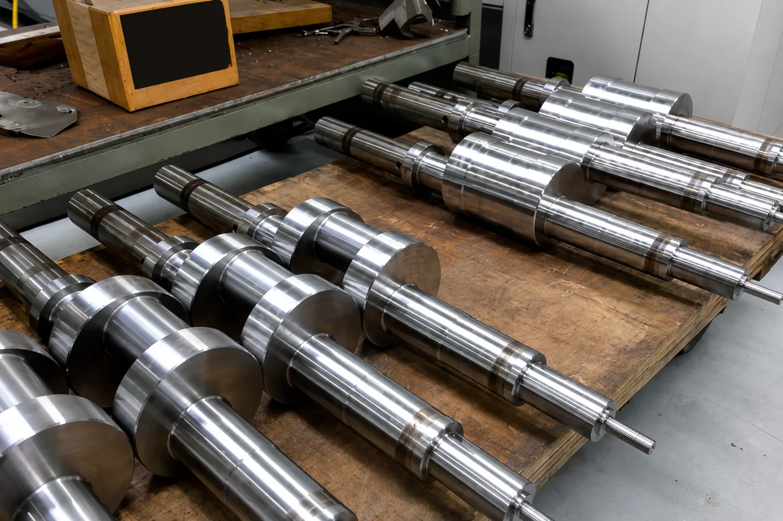 Finished polished industrial shafts arranged on a workshop table