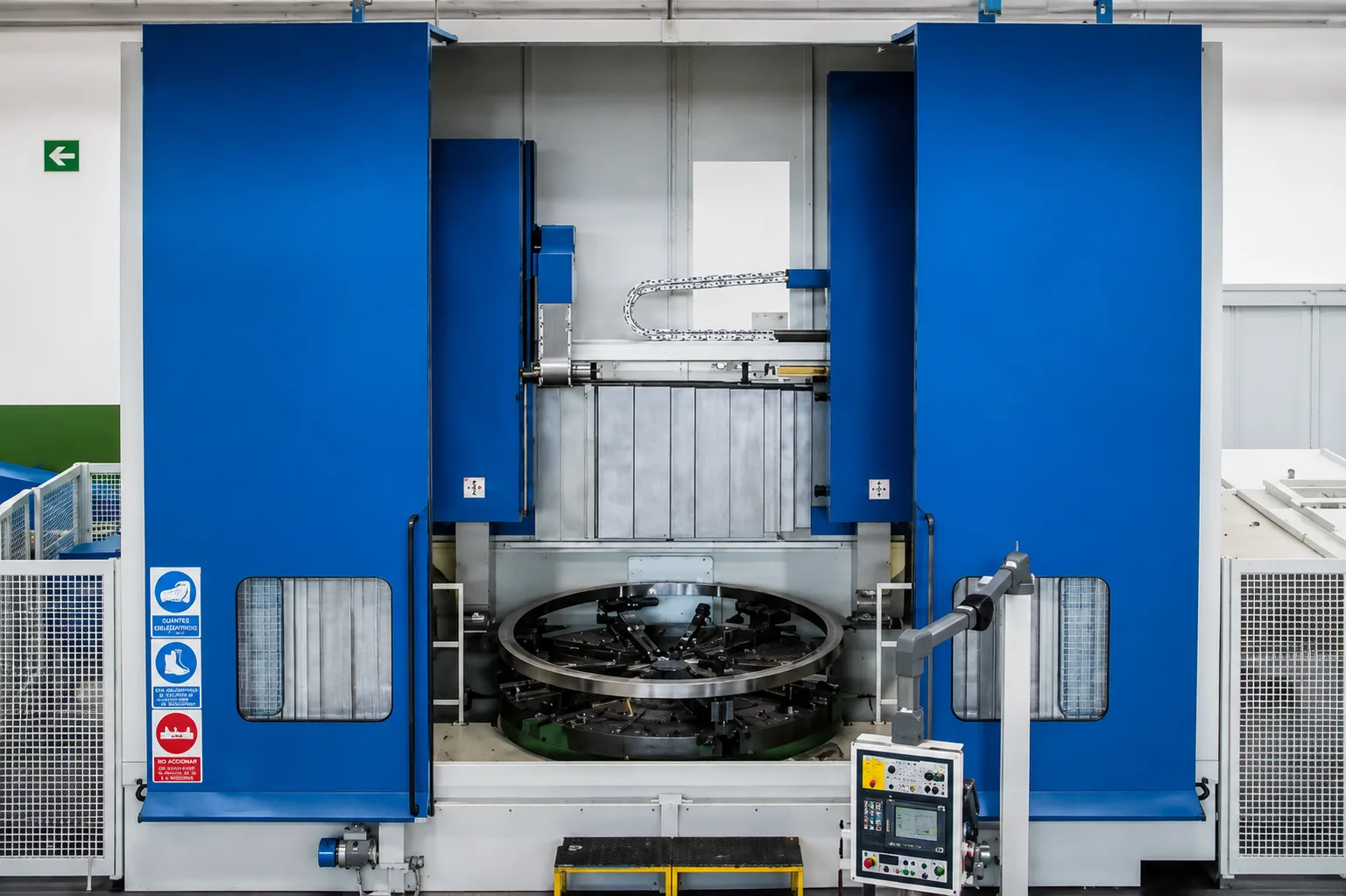 Blue vertical turning machine with circular table and control panel