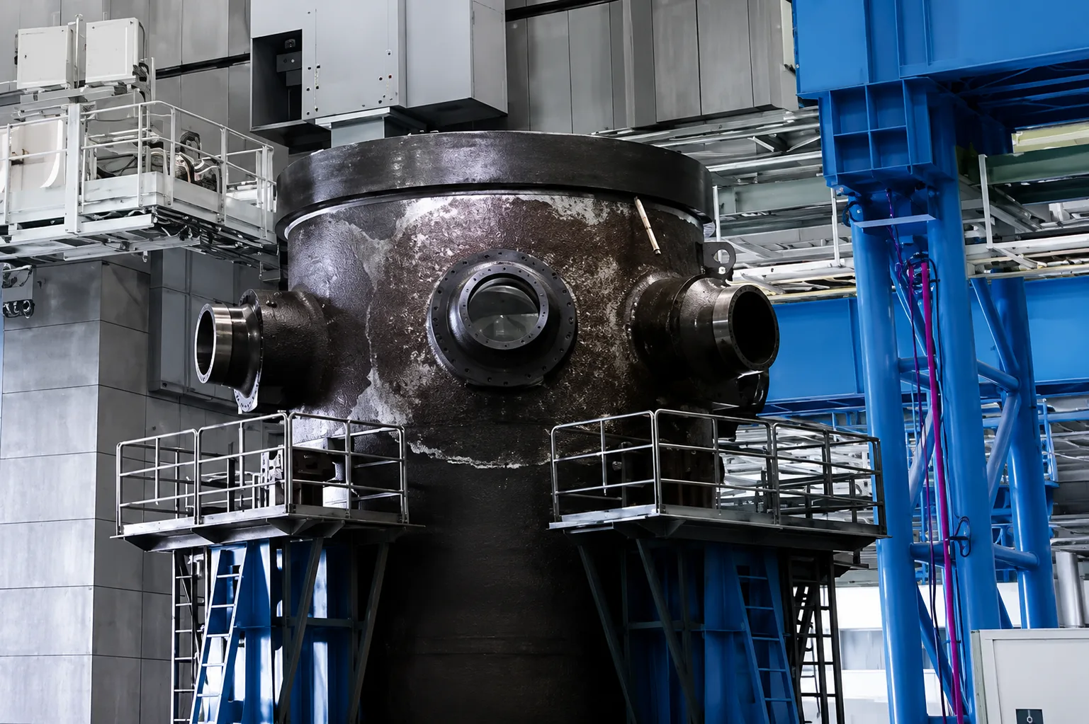 Large cylindrical vessel mounted on a vertical turning machine with access platforms
