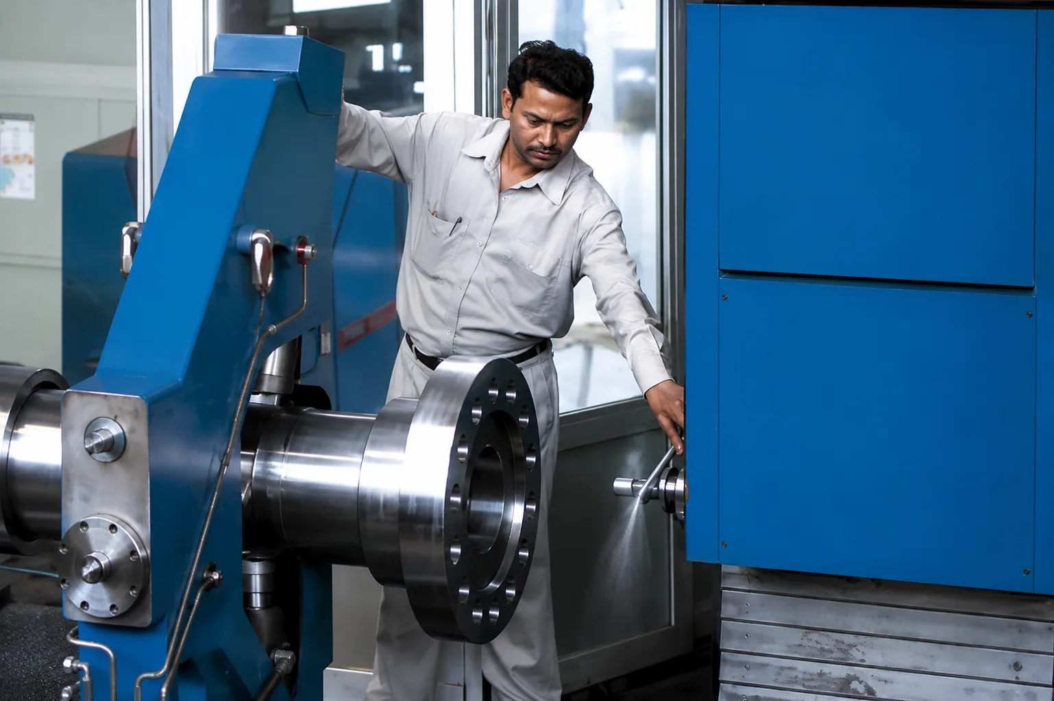Operator adjusting a machined flanged component on a blue turning machine