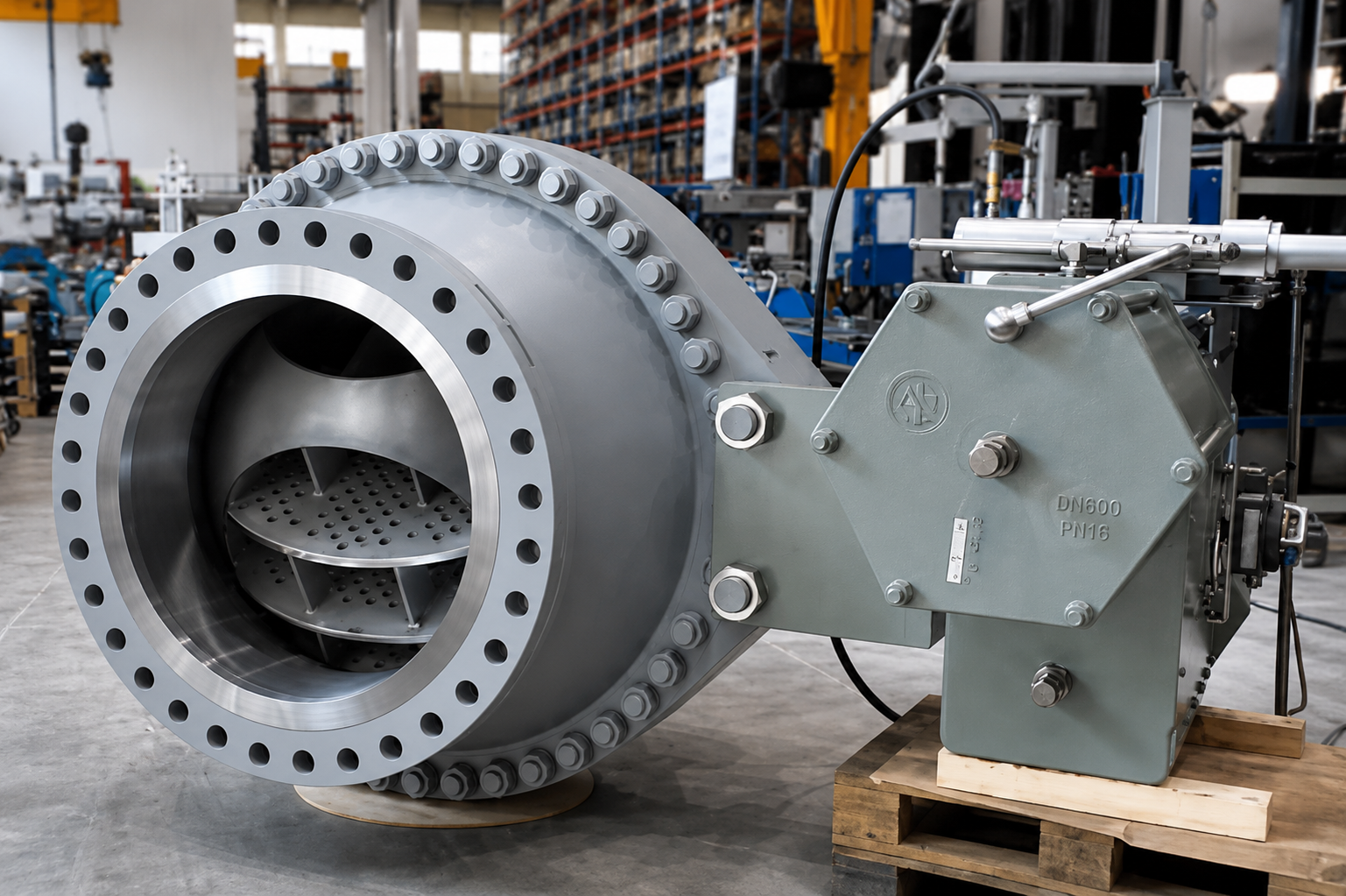 Large actuated valve assembly in the workshop