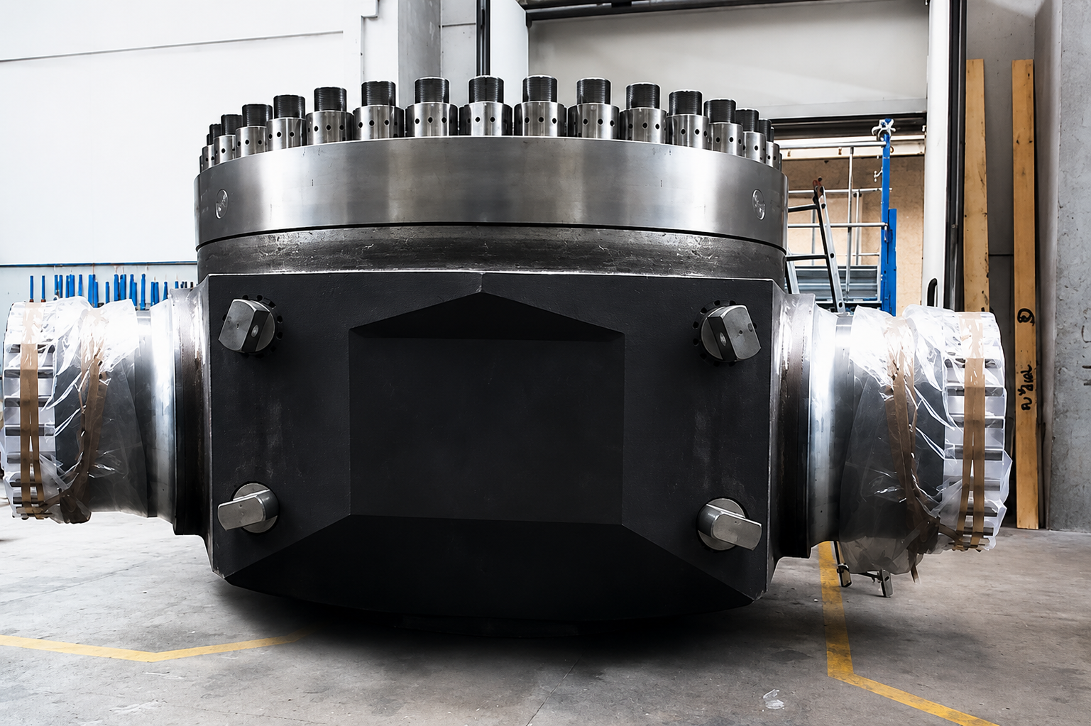 Large black mechanical valve body with machined flanges and protected ends