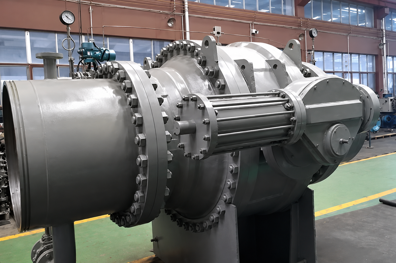 Large grey pressure equipment assembly with bolted flanges and instrumentation