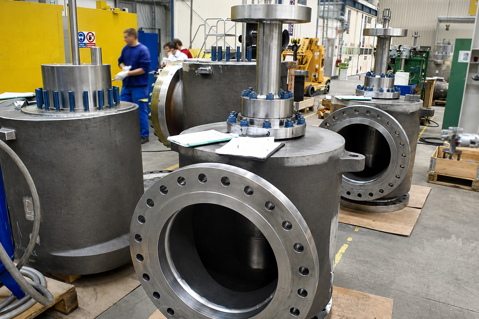 Multiple large mechanical valve assemblies prepared in the workshop