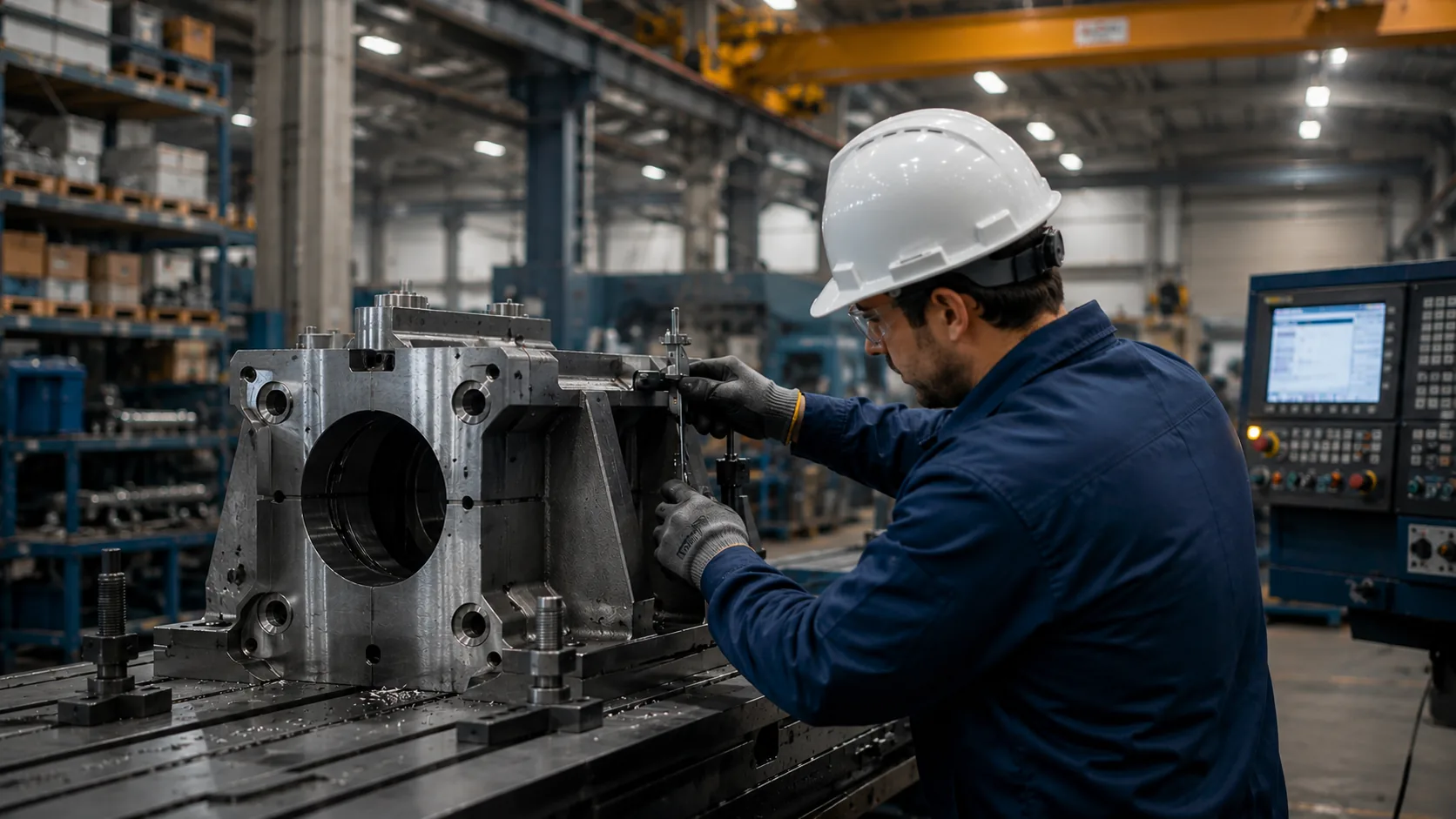 BRUVAL technician inspecting a large machined component in a workshop