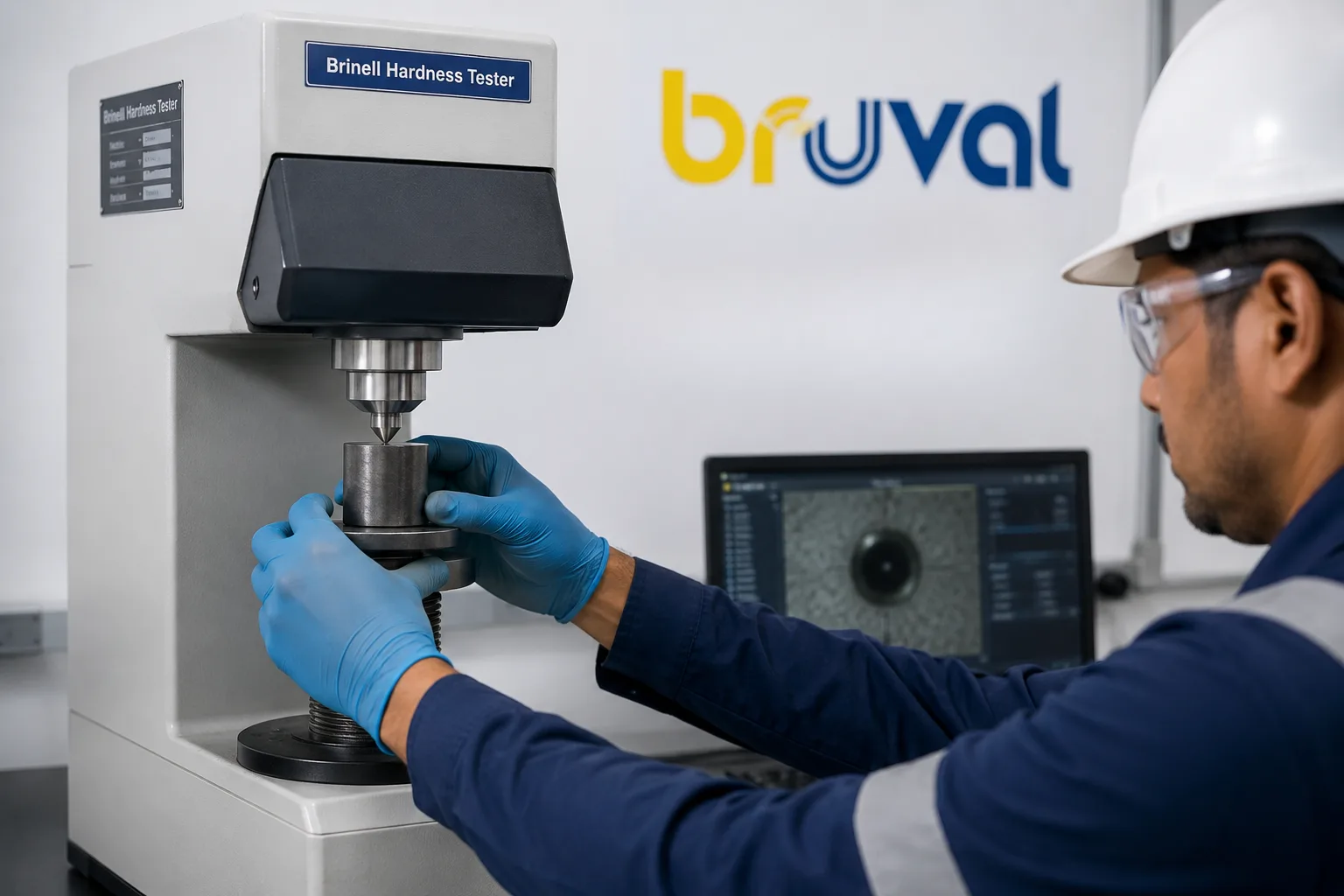 Brinell hardness tester checking a metal sample in a quality laboratory