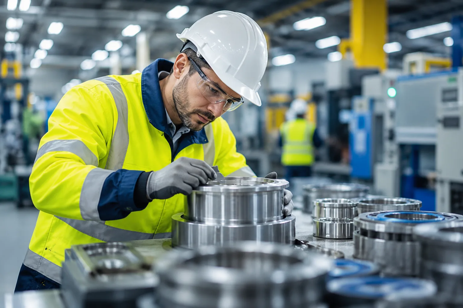 Quality inspector checking a precision-machined component in an industrial workshop