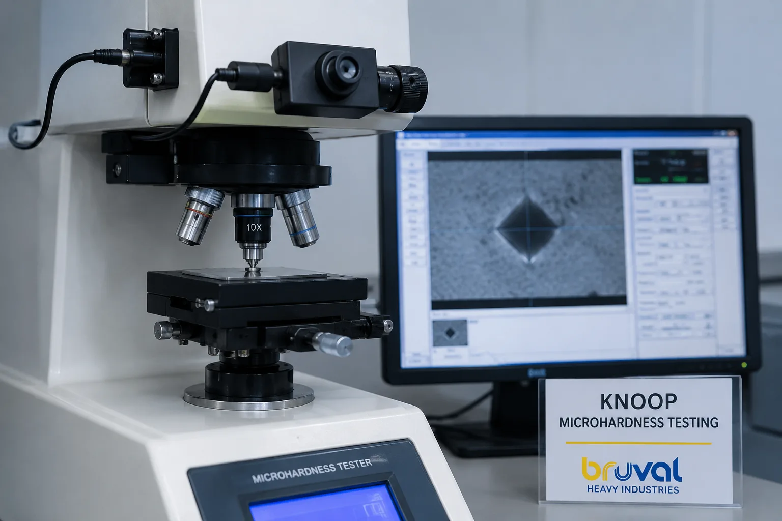 Knoop microhardness tester with microscope optics and indentation measurement screen