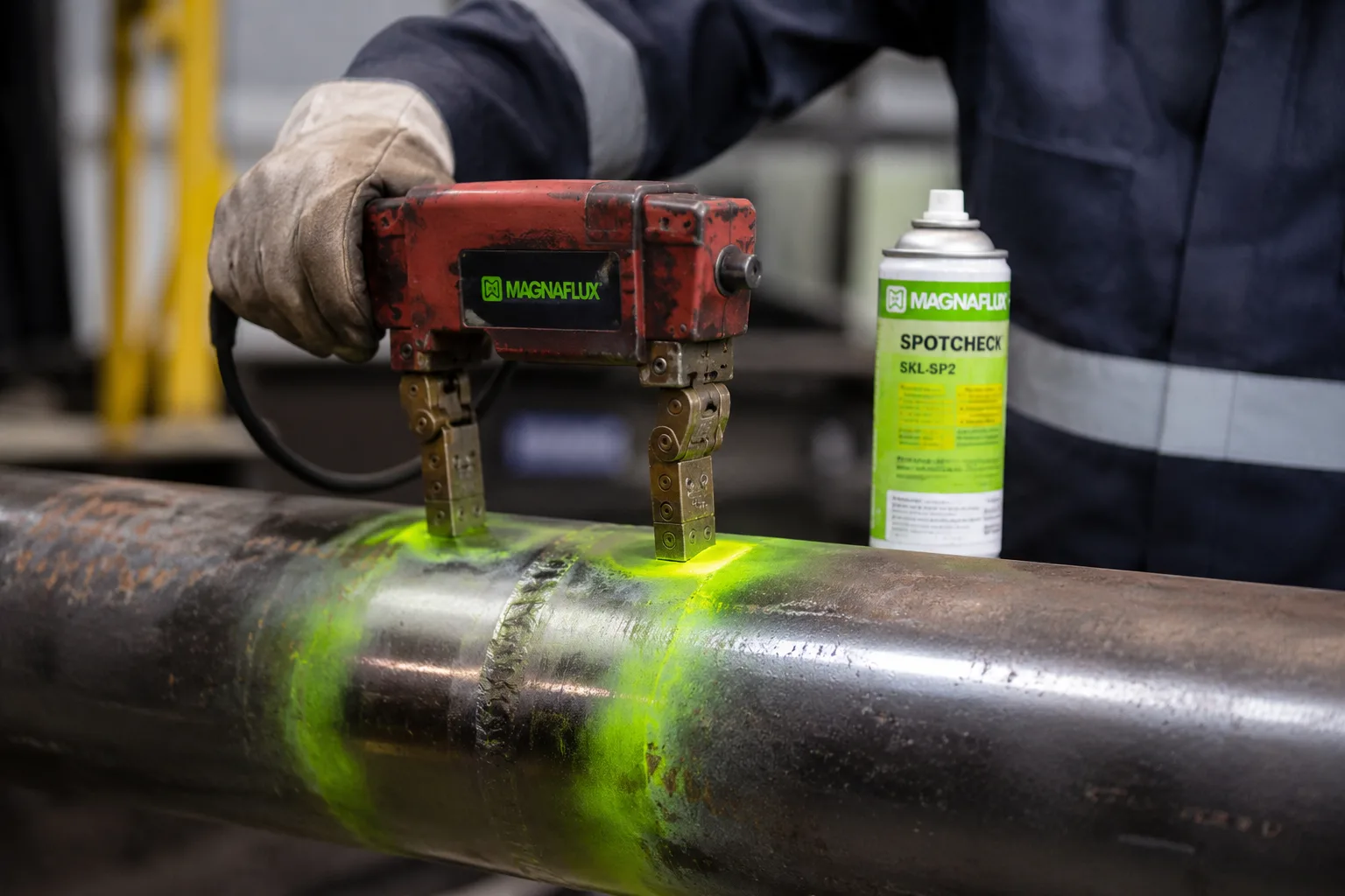 Magnetic particle inspection yoke applied to a welded pipe with fluorescent inspection media