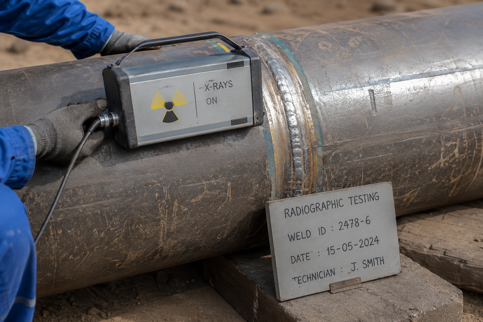 Radiographic testing equipment inspecting a welded pipe joint