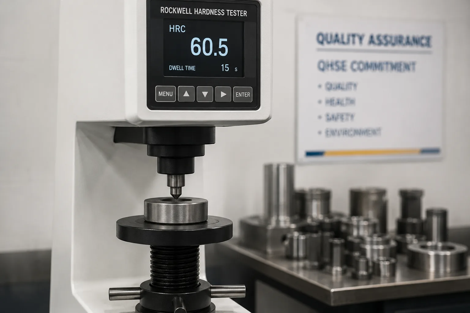 Rockwell hardness tester measuring a metal sample in a quality assurance laboratory