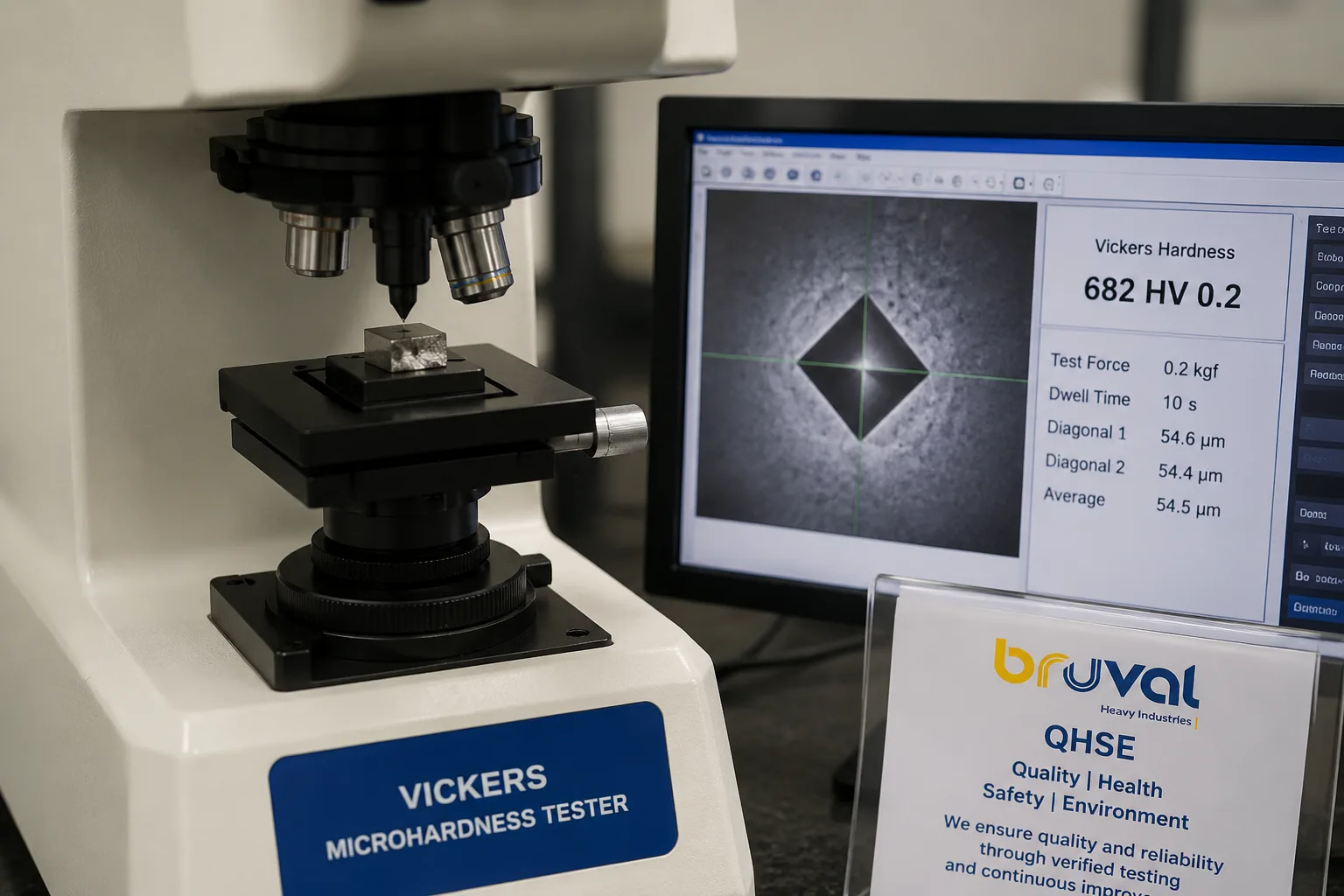 Vickers microhardness tester showing diamond indentation measurement on a laboratory monitor
