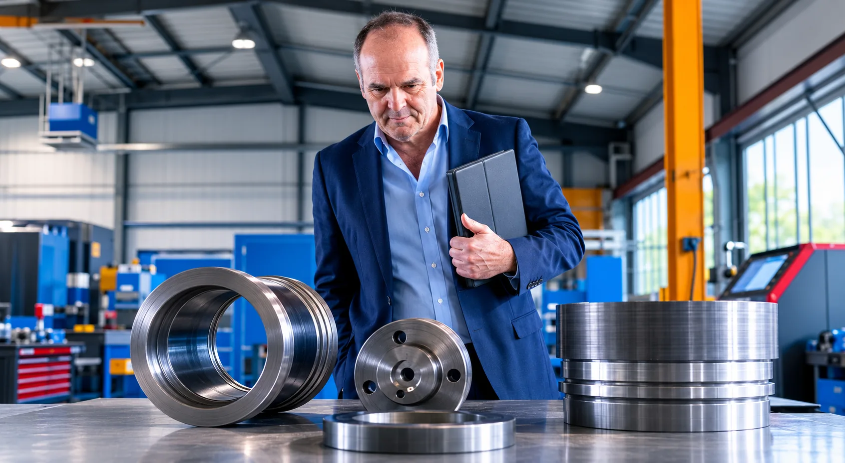 Engineer inspecting machined replacement components in an industrial workshop