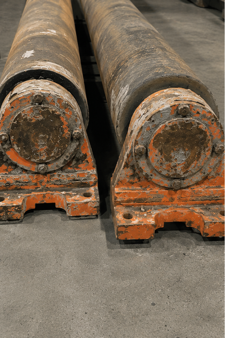 Two worn rolling mill roll assemblies and housings before reconditioning