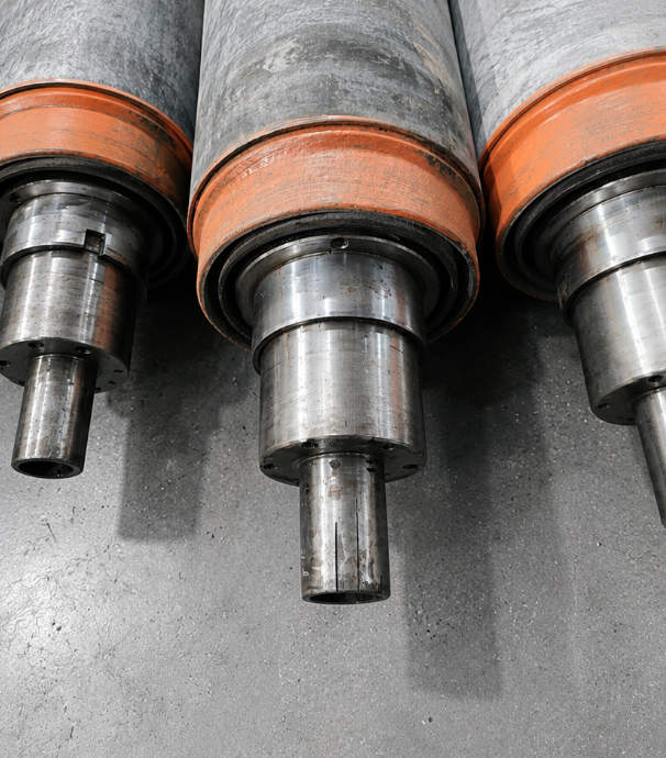 Three worn rolling mill rolls before reconditioning